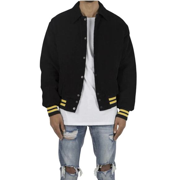 MNML NWT Sz S Corduroy Collar Jacket Black Yellow Bomber Varsity - Picture 1 of 6